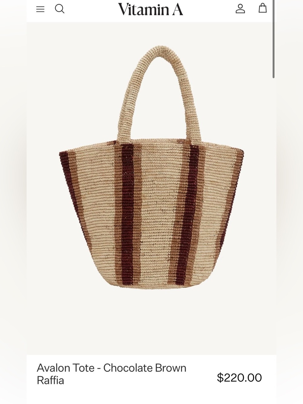 NWOT- Vitamin A Avalon Tote - Handwoven Chocolate Brown Stripe Raffia Bag - Picture 2 of 8
